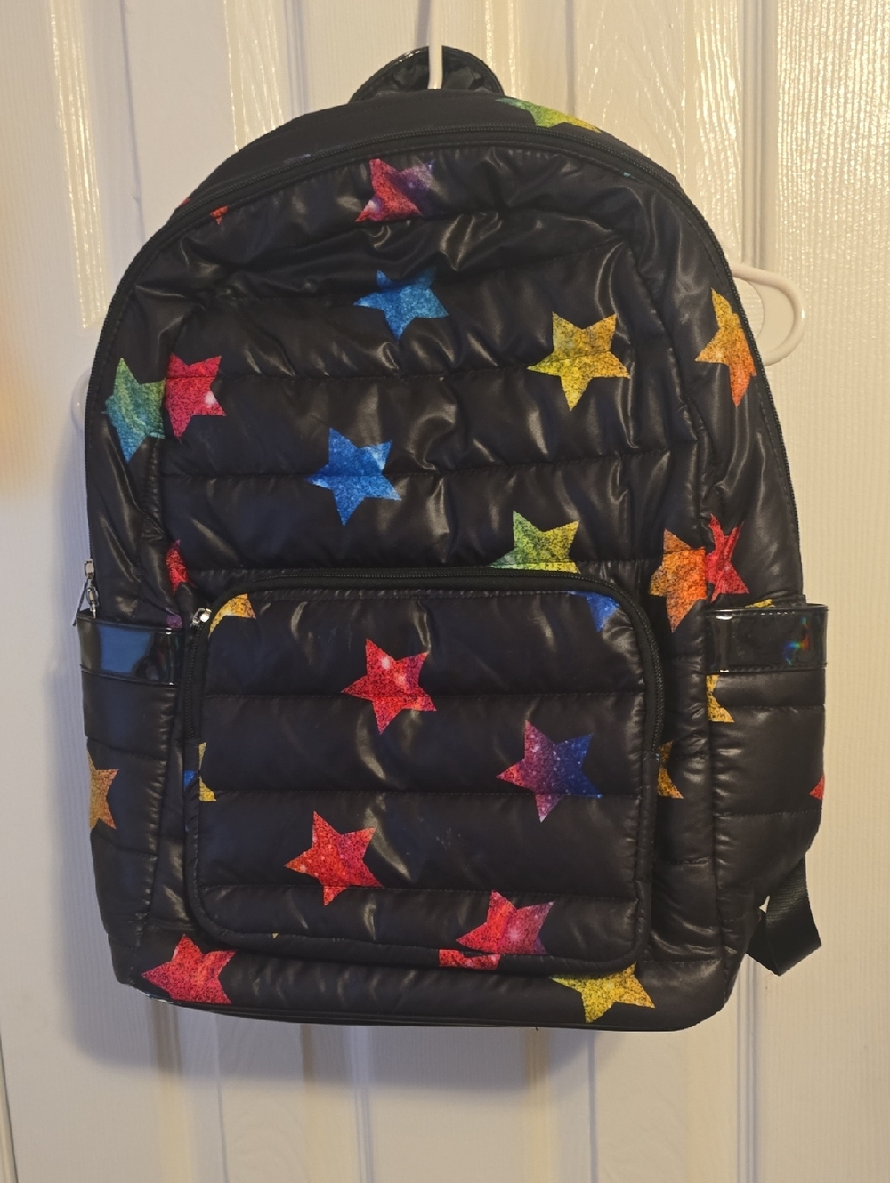 Top Trenz Black Quilted Backpack with Multicolor Glitter Stars